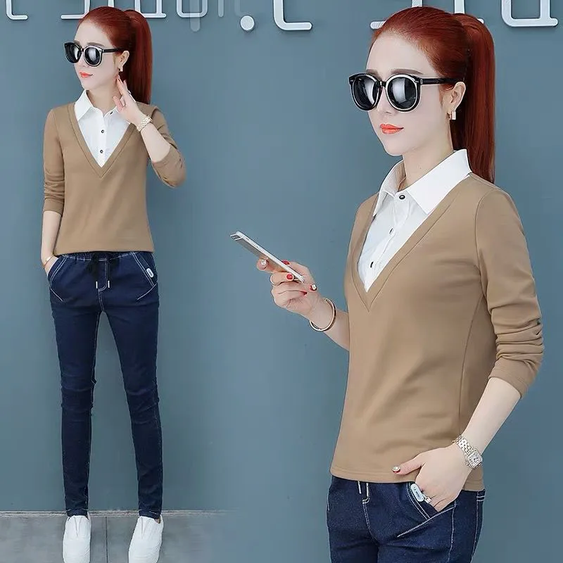 Осенние женские блузки Элегантная вышивка рубашки повседневная Лоскутная с