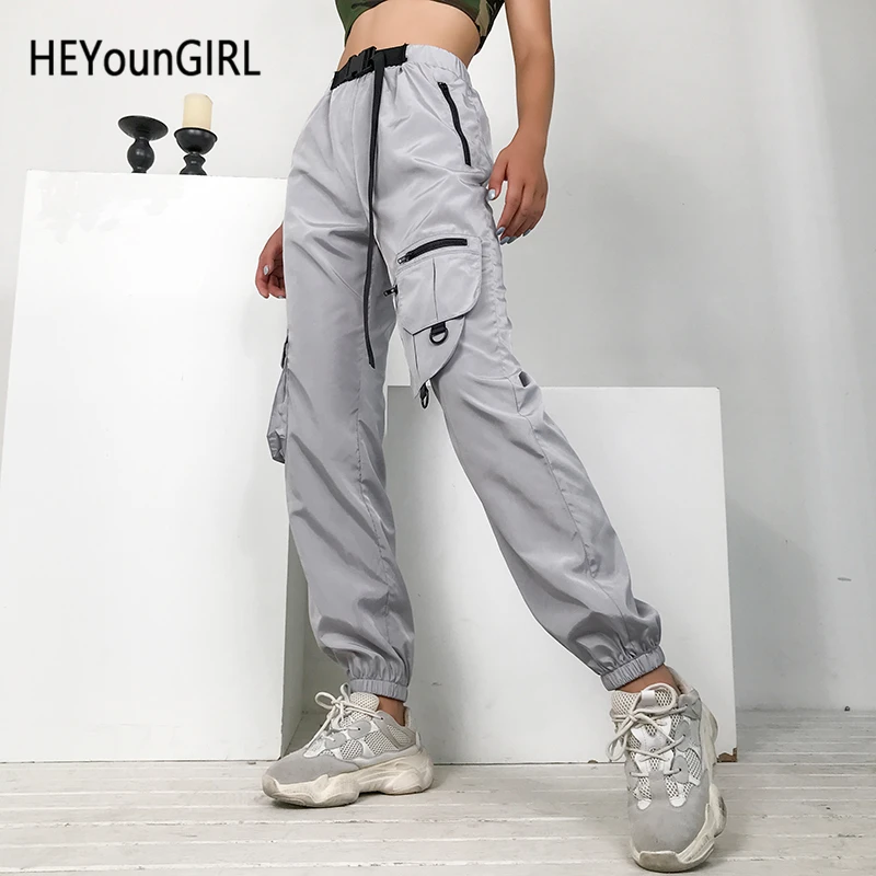 HEYounGIRL эластичные брюки с высокой талией женские с поясом Серые повседневные брюки Харадзюку Капри карманы, набедренный хип пот брюки джоггеры