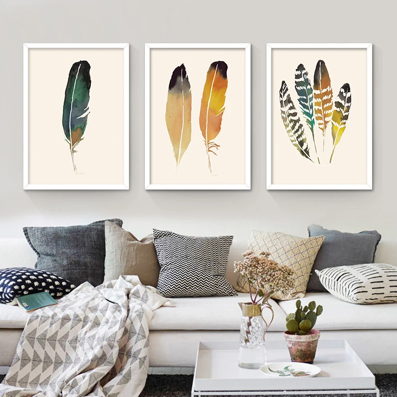 Colorful Feather Nordic Modern Floating Lightly in the Air Canvas Painting Art Print Poster Living Dining Room Decoration | Дом и сад