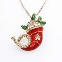 christmas gift jewelry french horn necklace pendant rhinestone enamel leaf flower for xmas
