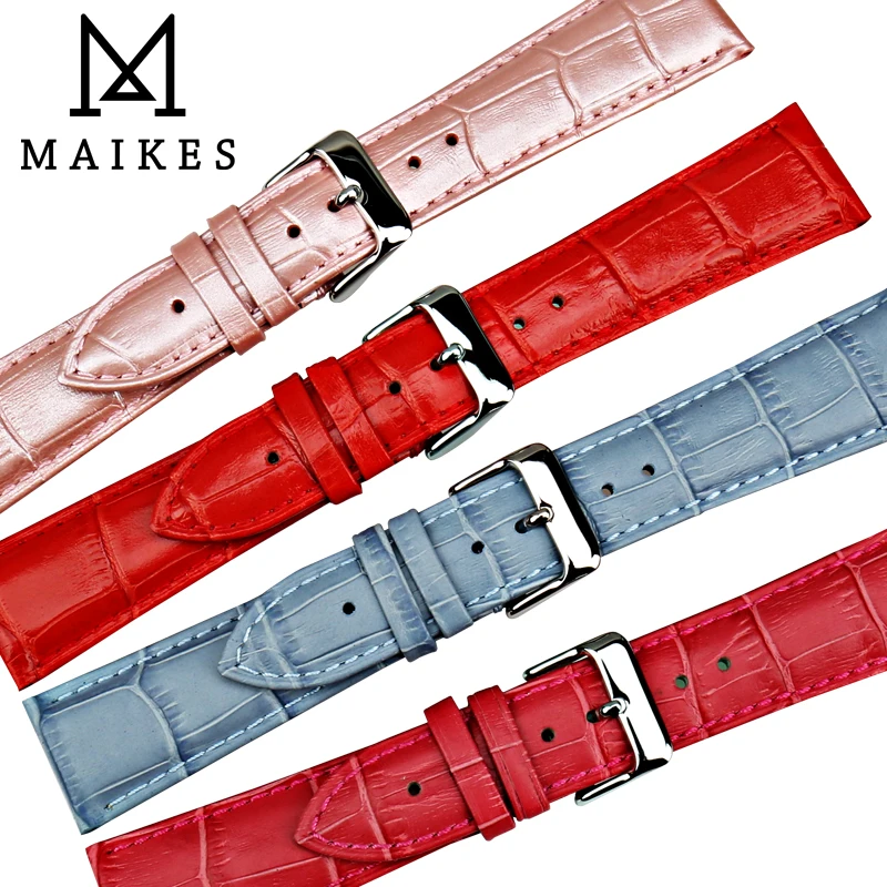 

MAIKES High Quality Colorful Watch Bands Slub pattern Bling Light Pink Watchbands Genuine Thin Leather Watch Strap Bracelets