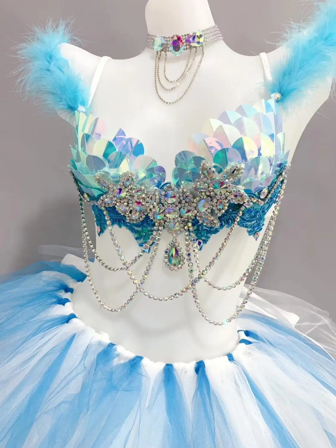 Blue Sequins Rhinestones Bra Mesh TUTU Skirt Sexy Women Set Bar Club Rave Party Dance Outfit Nightclub DJ Singer Costume 2 Piece |