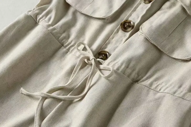 

European Women Rompers Cotton Linen Jumpsuits British Buttons Pockets Autumn Designer Lady's High Street Cool Bodysuits Playsuit