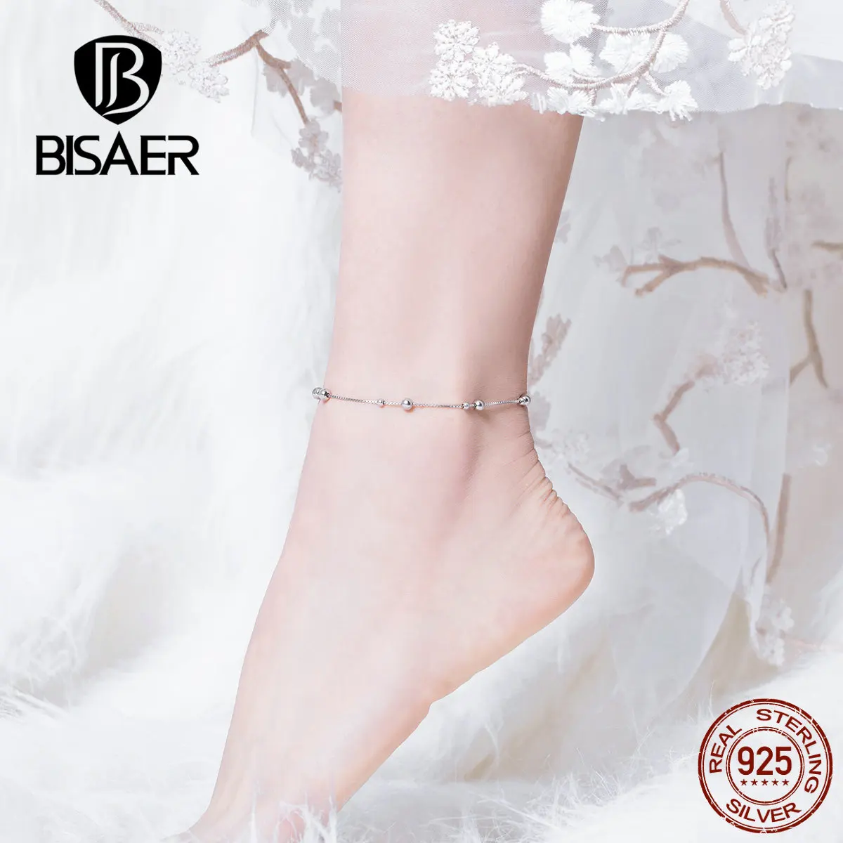BISAER 100% Стерлинговое Серебро 925 пробы ножной браслет круглые Шаровые Подвески