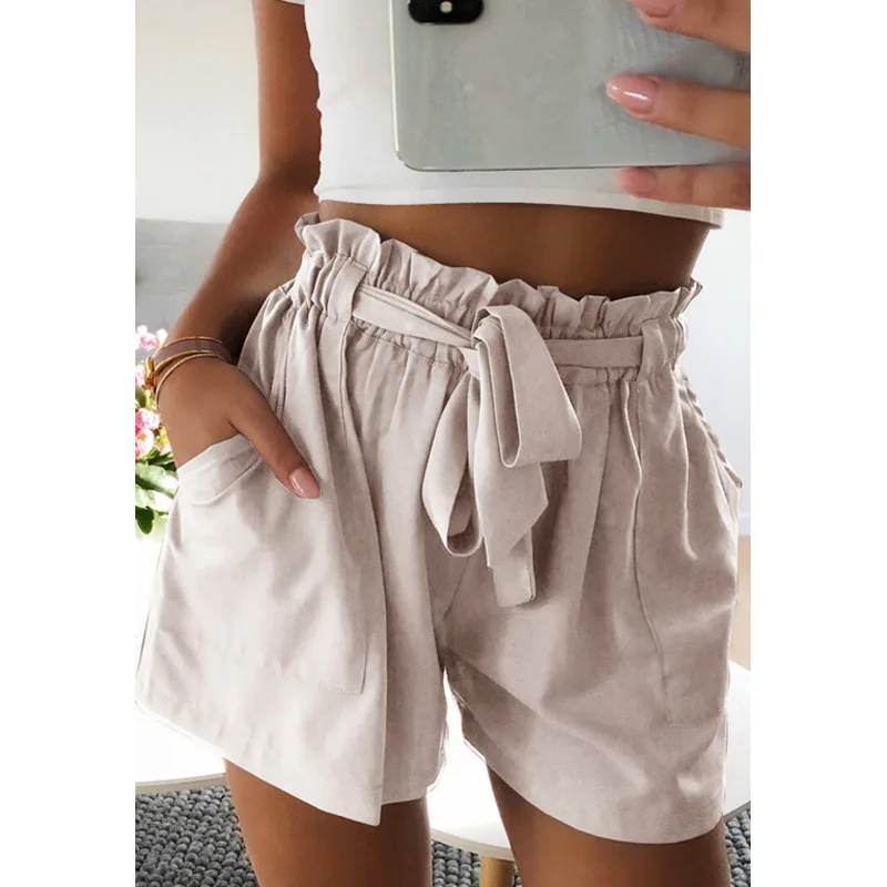 

Newly Summer Women Shorts High Waist Solid Color Tie Belt Pockets Ladies Girls Casual Shorts DO99
