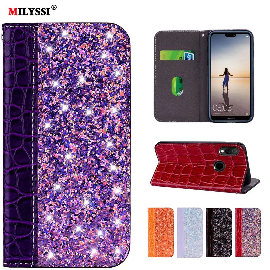 Блестящий чехол бумажник из искусственной кожи для huawei P20 mate 10 Lite Pro P smart Plus Y6 Prime 2018