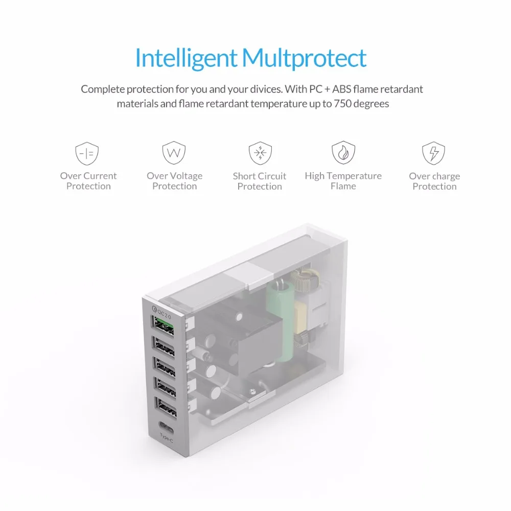 ORICO QC2.0 быстрое зарядное устройство type-C 3.1A USB настольное зарядное устройство 6 портов Смарт зарядное устройство для мобильного телефона планшета