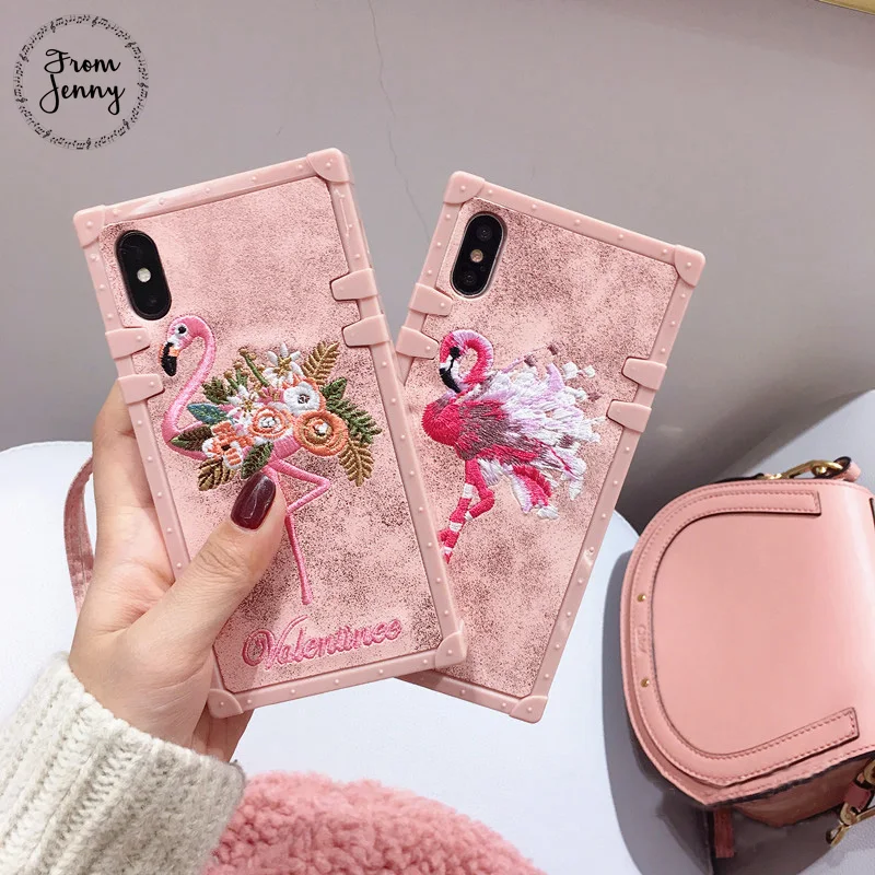 From Jenny Fabric Embroidery Flamingo Phone Case for iphone 8 8plus 7 7plus 6/6S Plus X Pink Soft Back Cover |