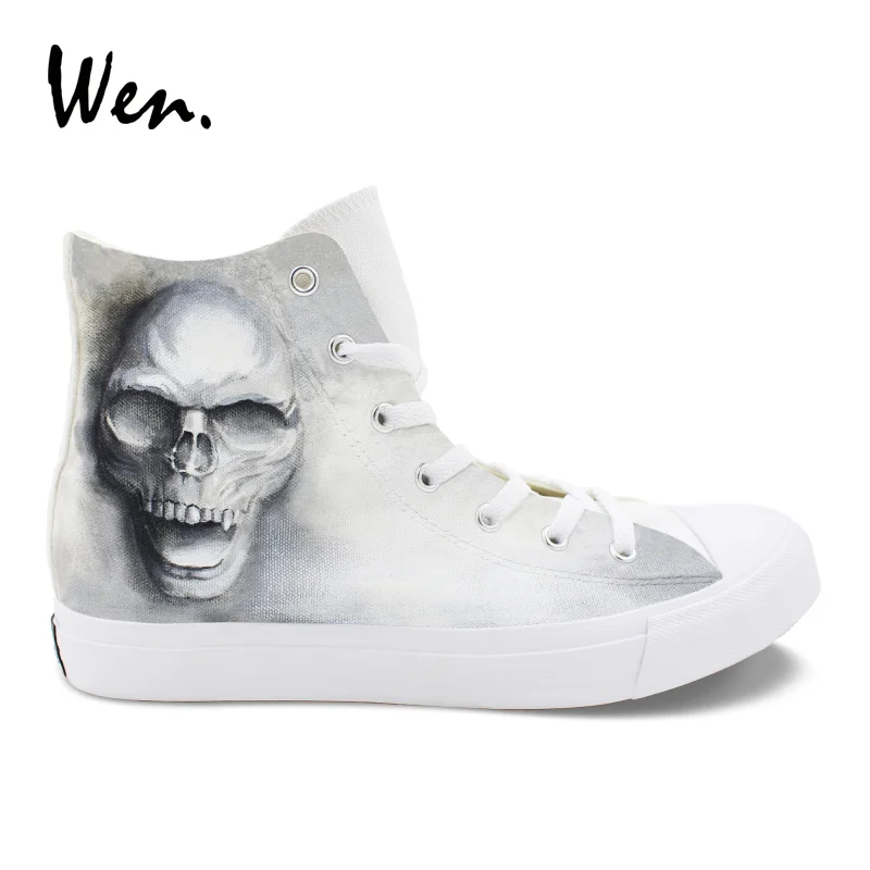 

Высокие Серые кроссовки Wen, Череп, зомби, оригинальный дизайн, женская и мужская парусиновая обувь для скейтборда, ручная роспись, унисекс об...