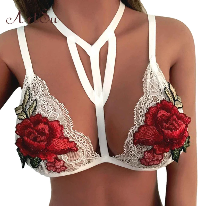 ArtSu сексуальный чокер кружевной топ Цветочная вышивка отжимать Bralette женские