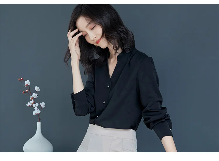 Женская шифоновая блузка с v образным вырезом однотонная офисная длинным рукавом