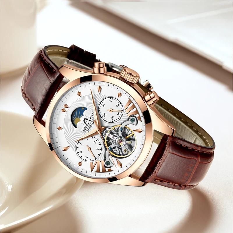 MEGALITH Мужские автоматические механические наручные часы tourbillon кожаные