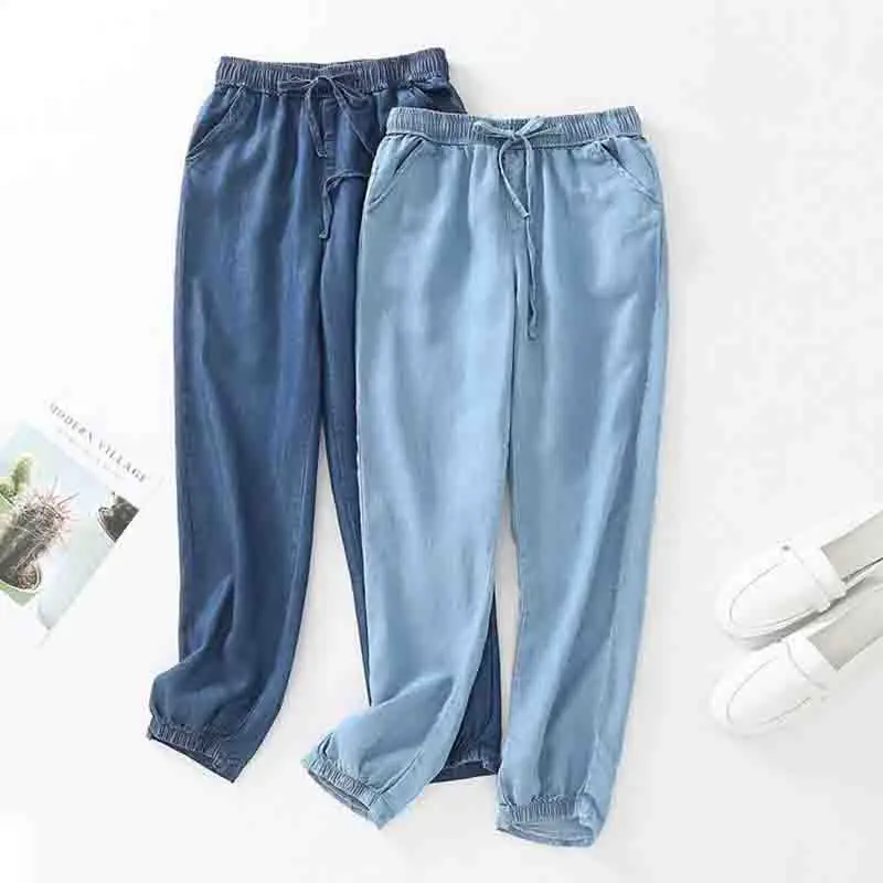 

Women Jeans Pants summer Casual Thin Trousers Korean Elastic waist Loose Softener Plus Size Femme Denim Harem Pants 3XL