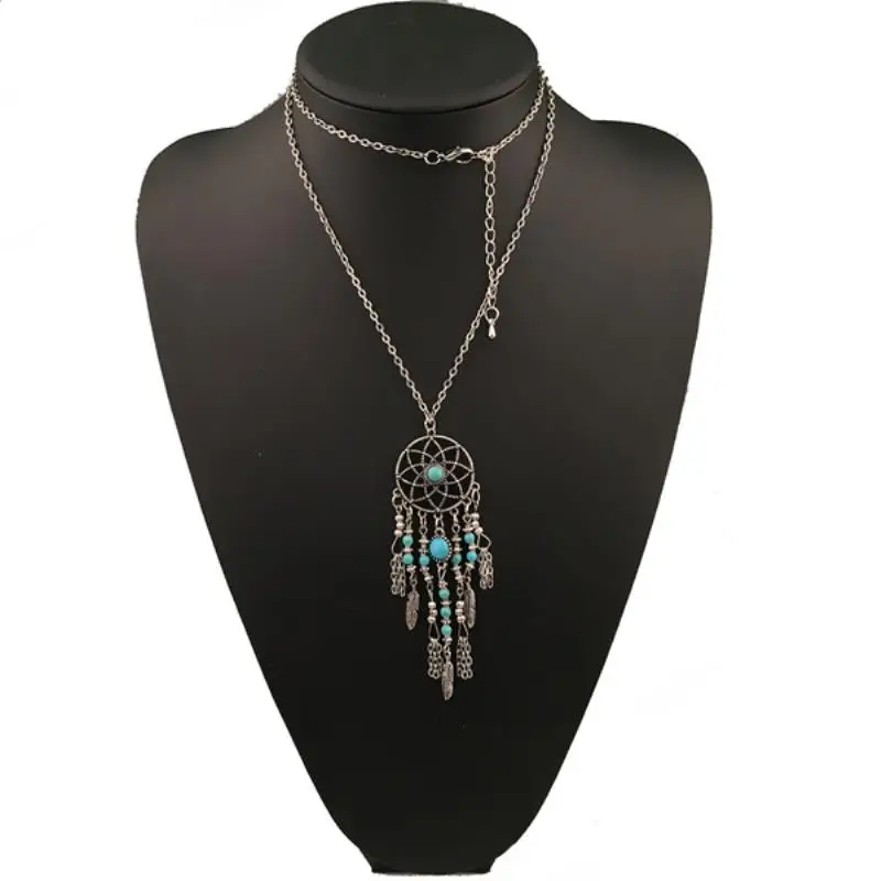 Silver Bohemain, серебро, золото, Ловец снов, длинная цепочка, чокер, массивные листья, перья, Круглые Искусственные бусины, кисточка, свитер, цепочка, ювелирное изделие - Окраска металла: Silver