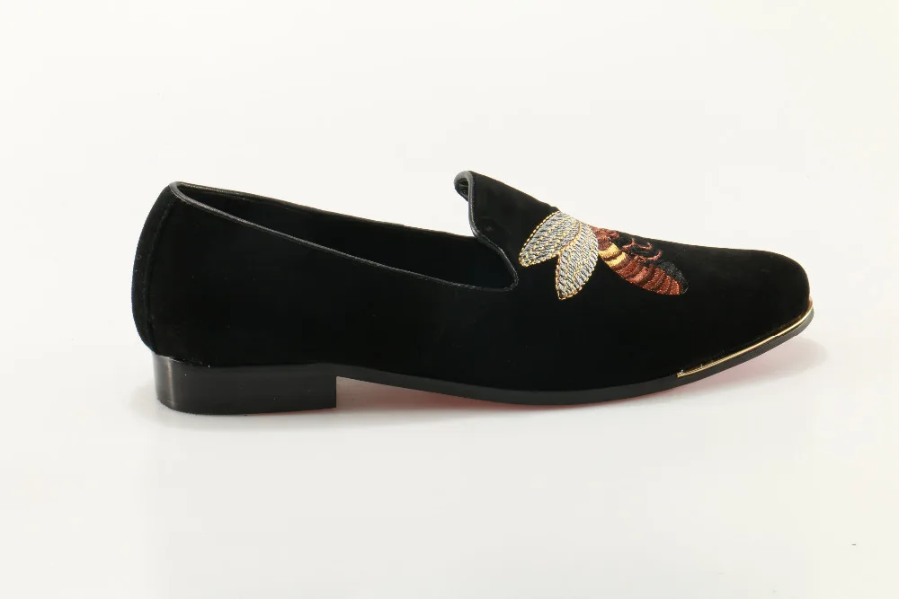 Роскошные Брендовые мужские лоферы из черной замши с вышивкой пчелы на плоской