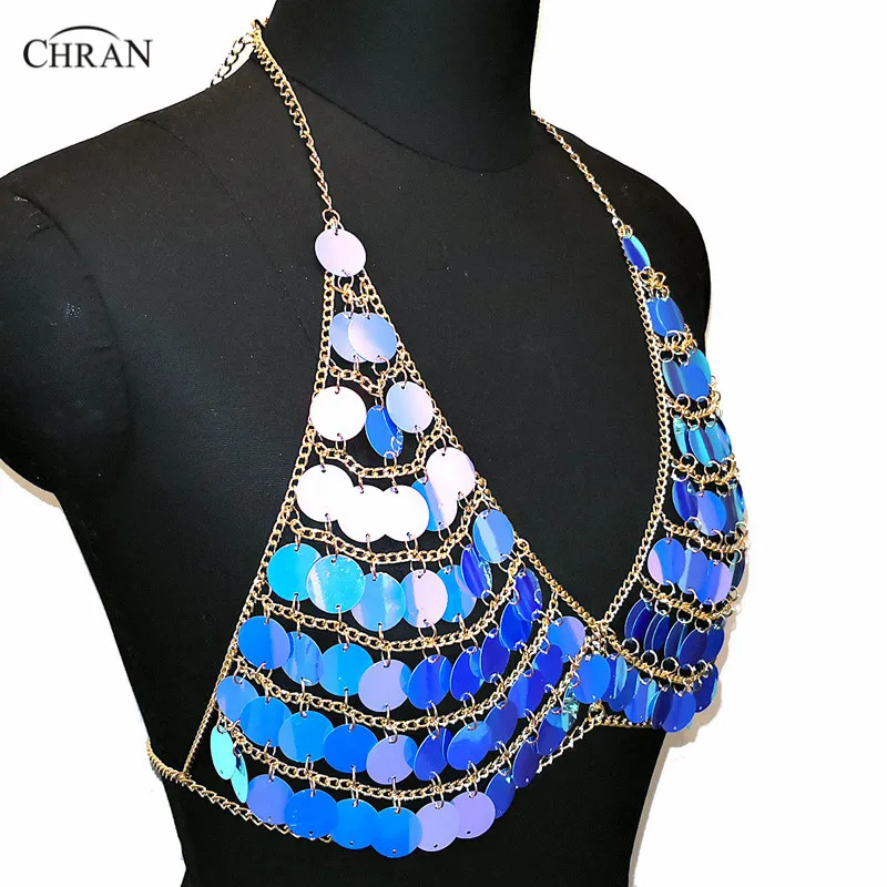 Chran Seascale Mesh Bra Bralet Womens Sequins Metal Chain Crop Tops 2018 Summer Harness Halter Necklace Nightclub Party Jewelry | Украшения