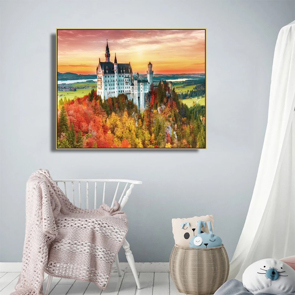 

Laeacco Canvas Painting Aerial View of Castle in Autumn Pictures Posters and Prints Wall Art Picture for Living Room Home Decor