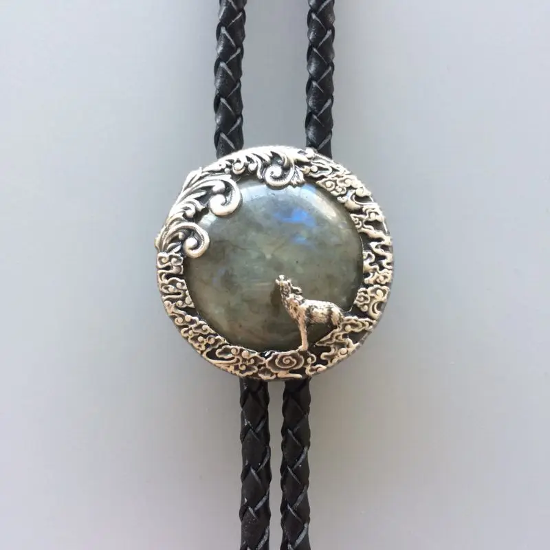 New JEAN'S FRIEND винтажный посеребренный Природный камень лабрадорит Луна волк Боло галстук каждый камень уникален