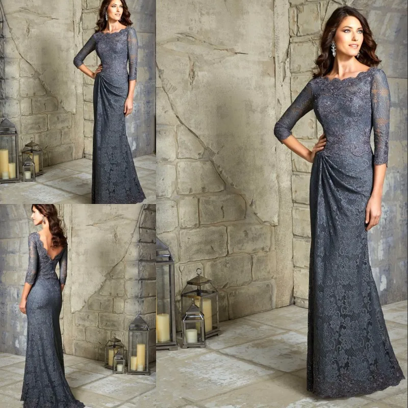 

Inexpensive grey three quater sleeves floor length lace mother of the bride dresses formal dresses wedding bridal part dresses