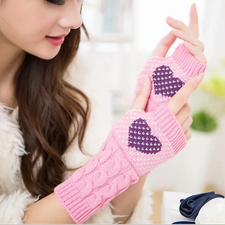Трикотажные зимние перчатки без пальцев, женские перчатки Guantes Mujer Handschuhe, милые красные перчатки с сердечками для девушек, женские офисные перчатки, гетры на запястье - Цвет: Розовый