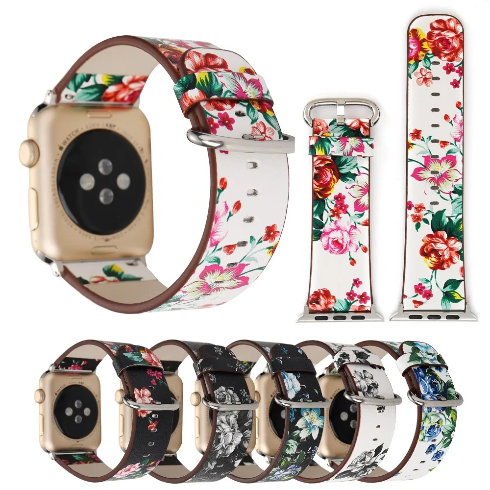 Кожаный ремешок с цветочным принтом для apple watch series 4 3 2 модный браслет сменные