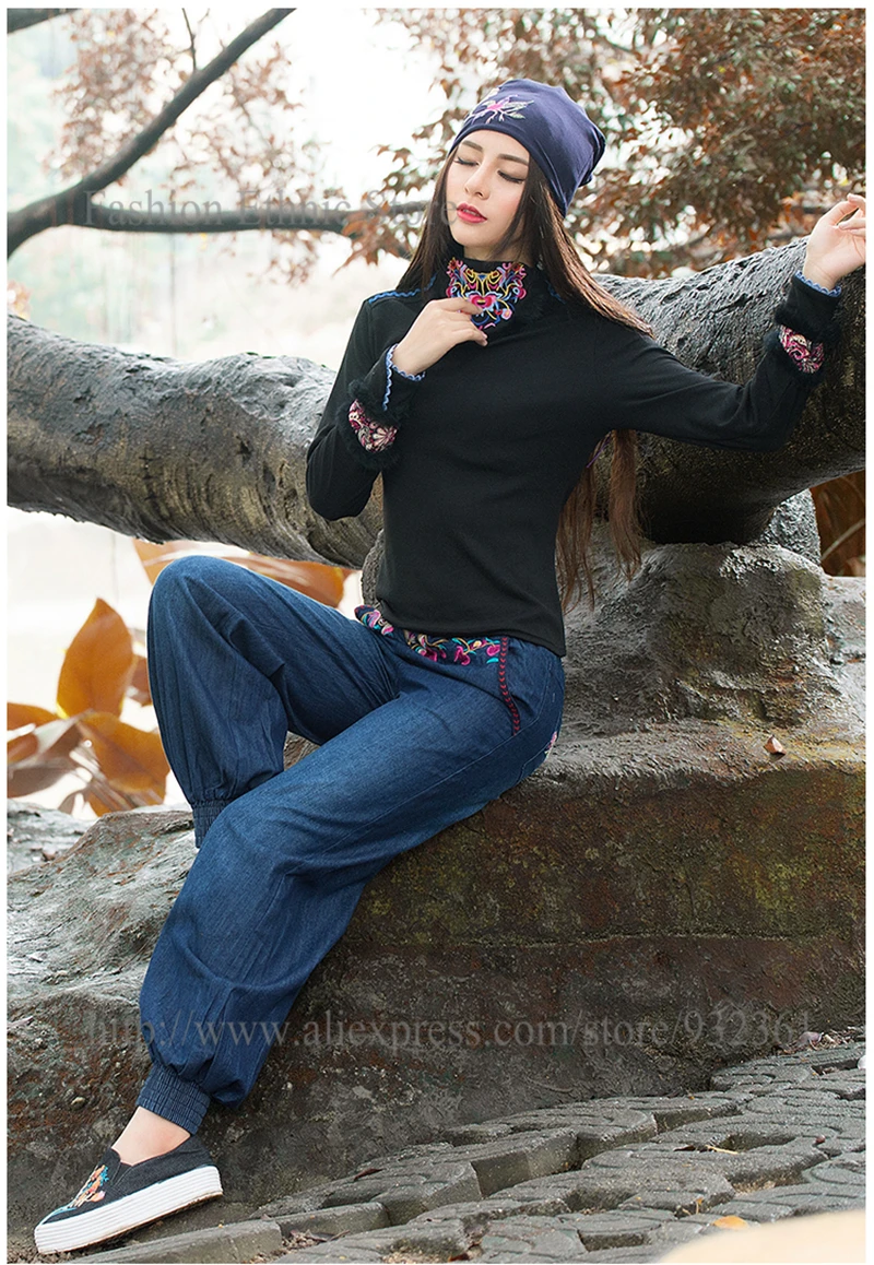 Джинсы-султанки женские с цветочной вышивкой винтажные штаны из денима