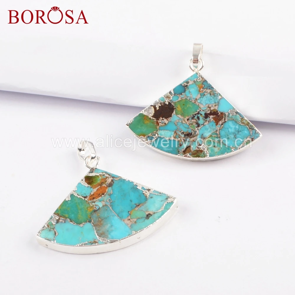 

BOROSA 5PCS Wholesale Gold Color Copper Turquoises Fan shape Druzy Jewelry Pendant For Women's Necklace Making G1684