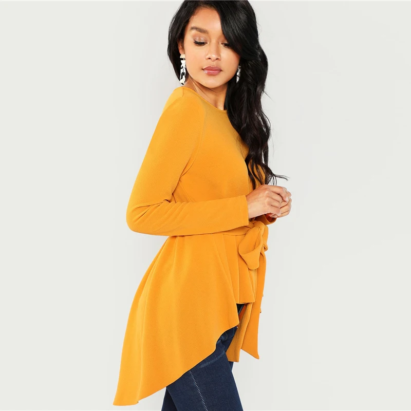 SHEIN, имбирный Асимметричный топ с поясом, Повседневная блуза с длинным рукавом и круглым вырезом, Женская Осенняя элегантная офисная блуза