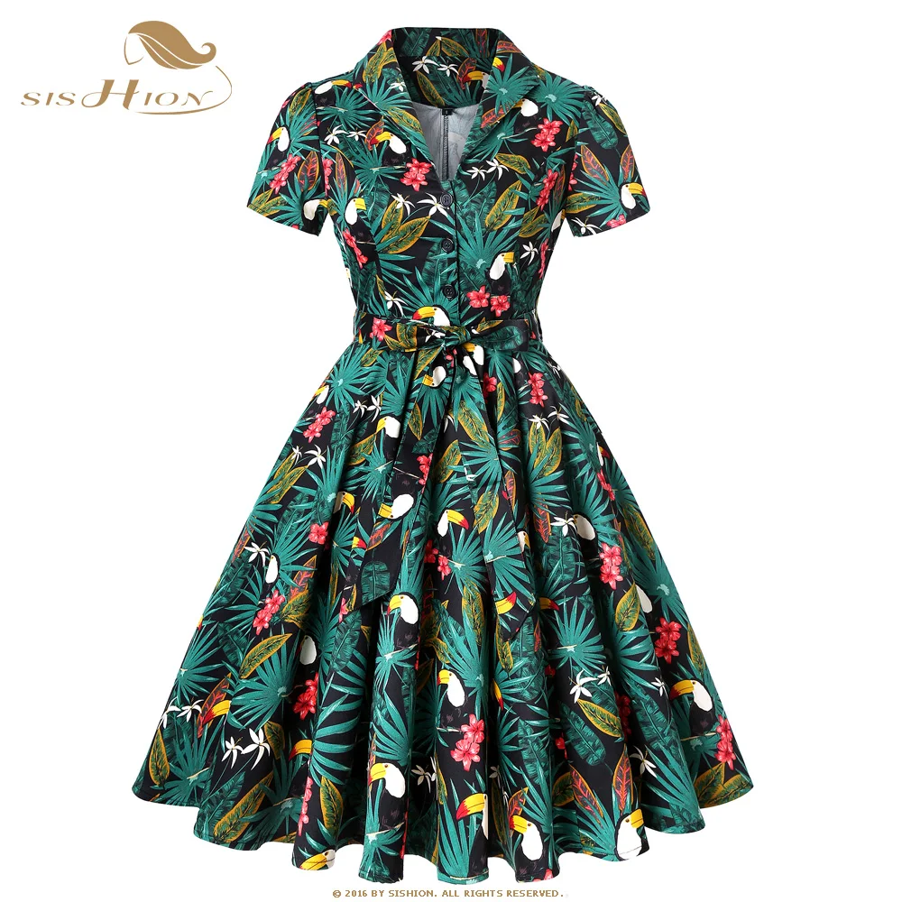 

SISHION Parrot Palm Flower Print Vintage Dress 2022 Floral Cotton Tunic Women Ladies Swing Rockabilly Dresses SD0002