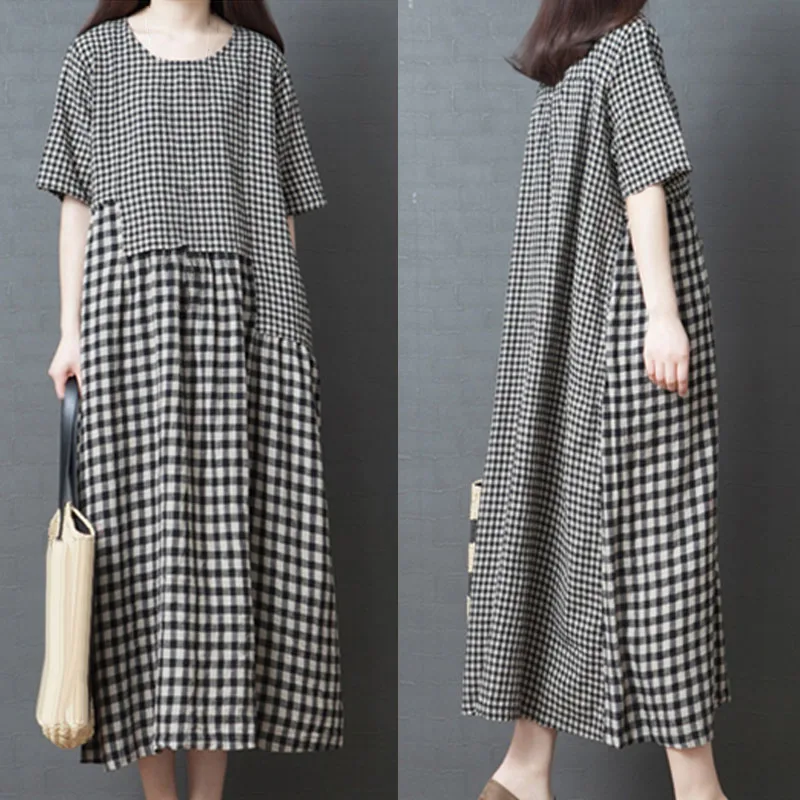 Женские свободные плюс размер удобные нерегулярные строчки плед длинное платье |