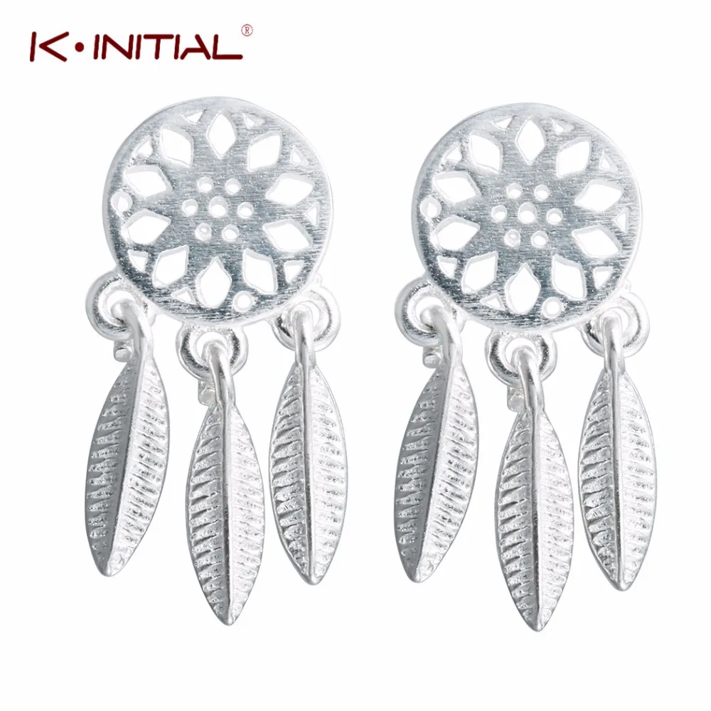 Kinitial Серебро 925 Симпатичные после guashi Перо Dream Catcher Серьги гвоздики для Для женщин