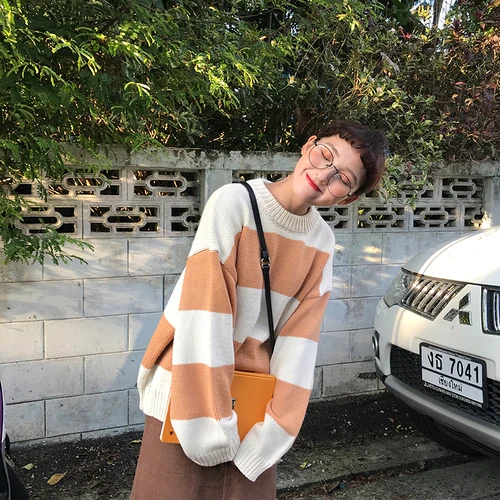 orange Пуловеры женские в широкую полоску с круглым вырезом свободные Harajuku корейский стиль уличная одежда свитер Топ женский пуловер Джемпер Высокое Качество Шик - Цвет: orange