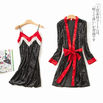 Luxury Women Velvet Robe and Gown Set Contrast Clor Nightdres Two Piece Autumn Winter Sleepwear Homewear High Grade | Женская одежда