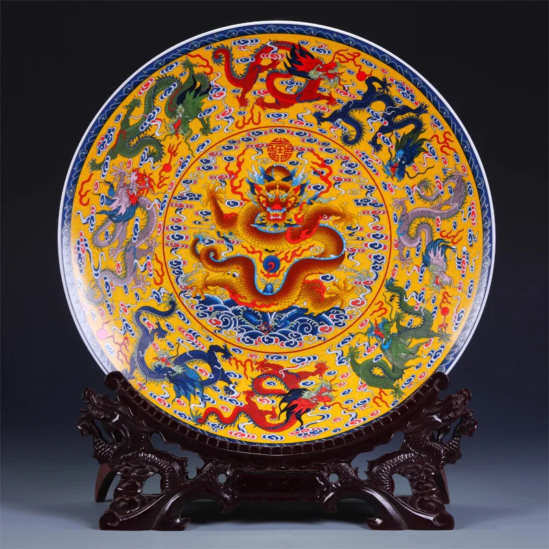 Fengshui художественная керамическая декоративная тарелка древний Китай девять драконов украшение деревянная основа фарфоровый Традиционный китайский набор тарелок