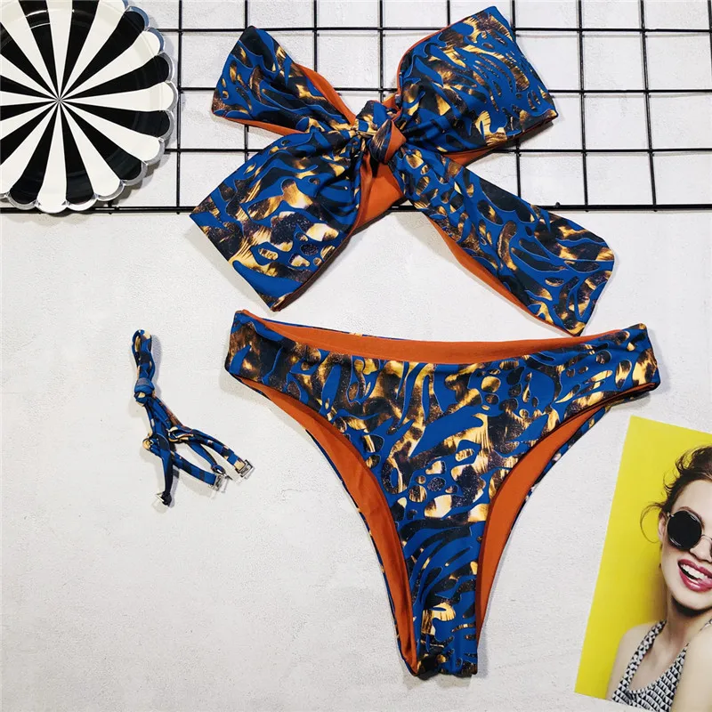 Сексуальное Золотое бикини лето 2019 пляжная одежда бандо купальник с узлом