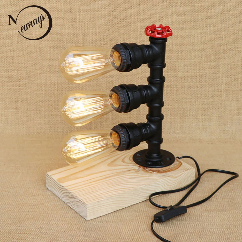 Винтажная черная настольная лампа в стиле ретро из железа и дерева с