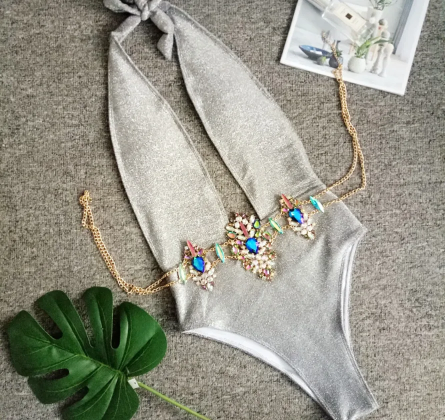

Rhinestone Swimsuit Diamond Women's Halter Shiny Biquini Female 2019 sexy deep v neck bodysuit Chain Belt Swimwear Bathing Suit