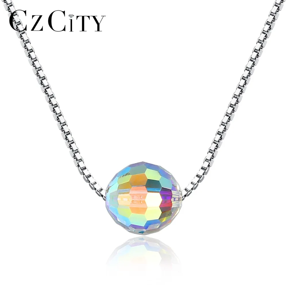 

CZCITY Pure 925 Sterling Silver Necklaces for Women Fine Jewelry Round Bead Crystal Ball Pendant Necklace Dating Wearing Jewelry