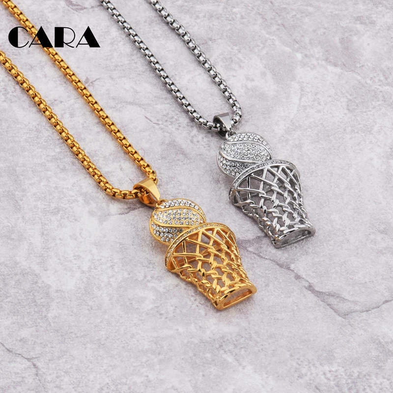 

2019 NEW 316L Stainless Steel rhinestones basketball pendant charm necklace mens trendy sports hip hop necklace jewelry CAGF0273