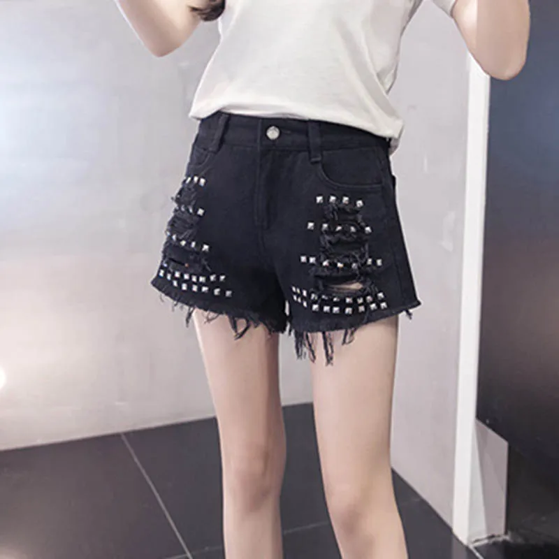 

2019 Fashion Ripped Rivet Hole Black Denim Shorts Mid Waisted Summer White Short Jeans Casual Hot Shorts Zipper short Short Fash