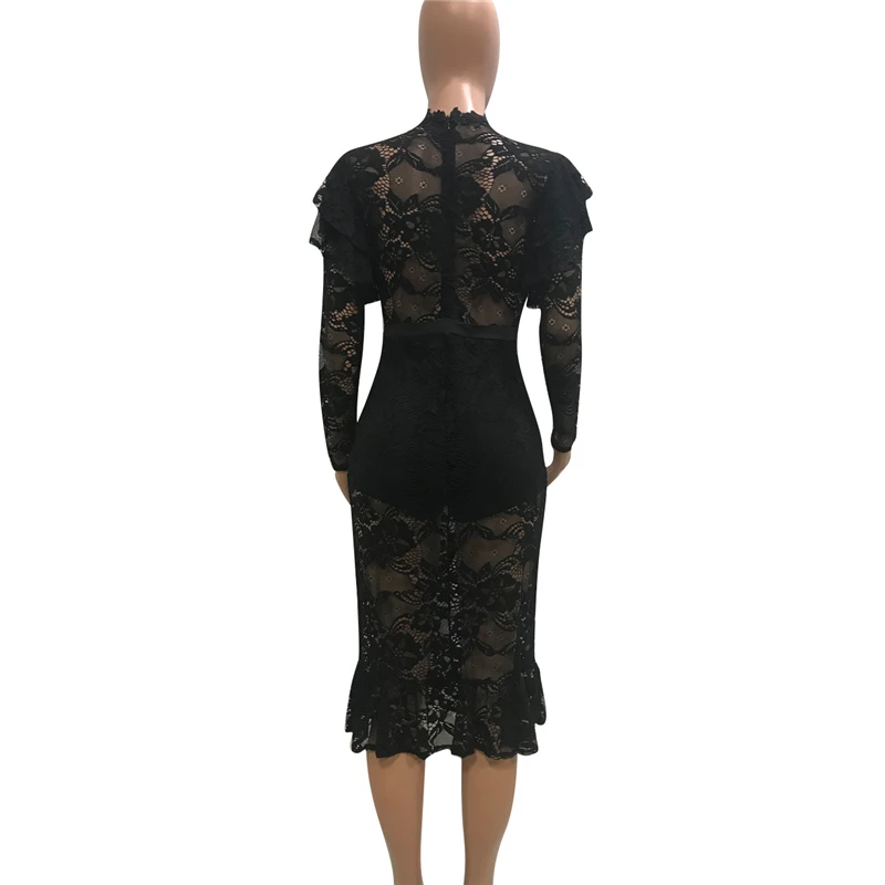 

Black Ruffles Hem Lace Embroidery Pencil Dress Long Sleeve Bodycon Midi Evening Party Dresses Women Sexy Night Club Outfits