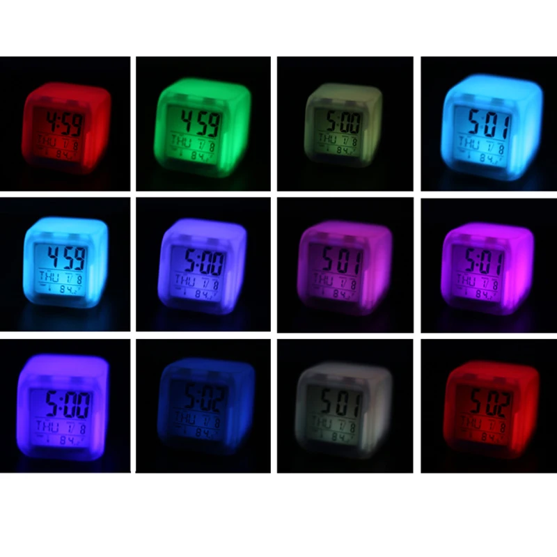 7 цветов светящийся будильник цифровые часы термометр куб светодиодные