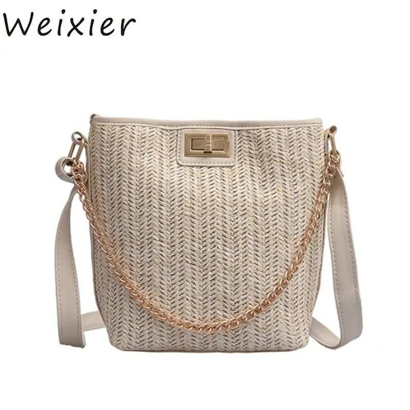 

WEIXIER Women Bucket Knit Bag Girls Beach Summer Travel bag Handmade Shoulder Chain Strap Female Messenger Crossbody LW-67