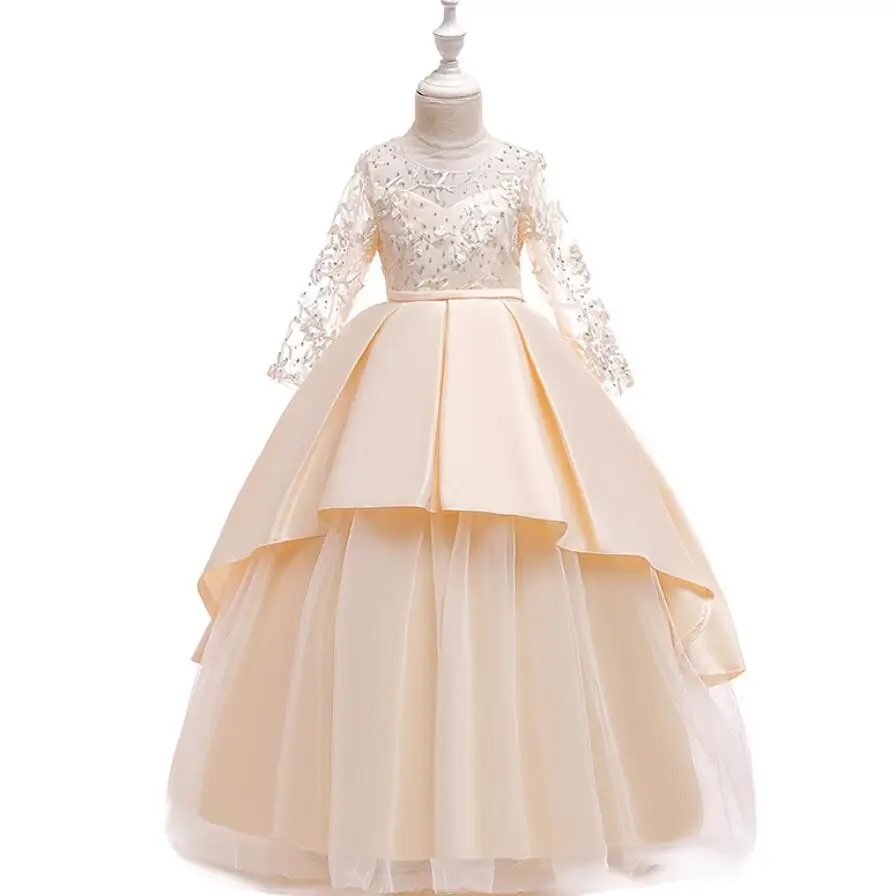 2019 Teen party Girls Wedding Dress Long sleeve Lace flower Party Tulle high-end Princess Birthday Gown for 4-14 ye | Детская одежда и