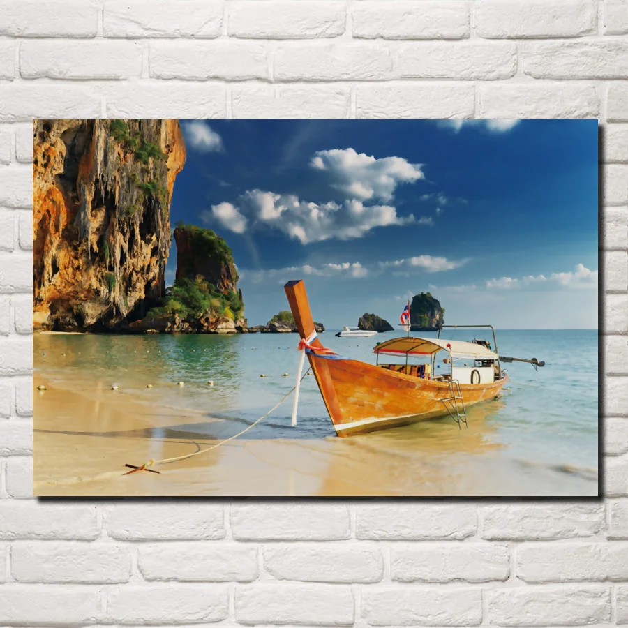 

sea beach boat rocks clouds ocean cliff sky clouds shore coast posters on the wall picture home living room decoration EX510
