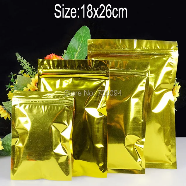 

200PCS 18*26cm(7.09''*10.24'') Shiny Gold Ziplock Aluminuming Plastic Reclosable Pouch Self seal Gold Plastic bag for tea gifts