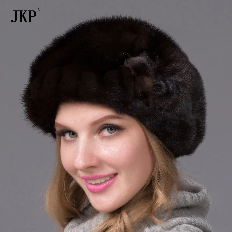 JKP 100% Real Natural Mink Fur Hat For Women Winter Whole Mink Fur Cap Floral Pattern Warm Fashion Hat