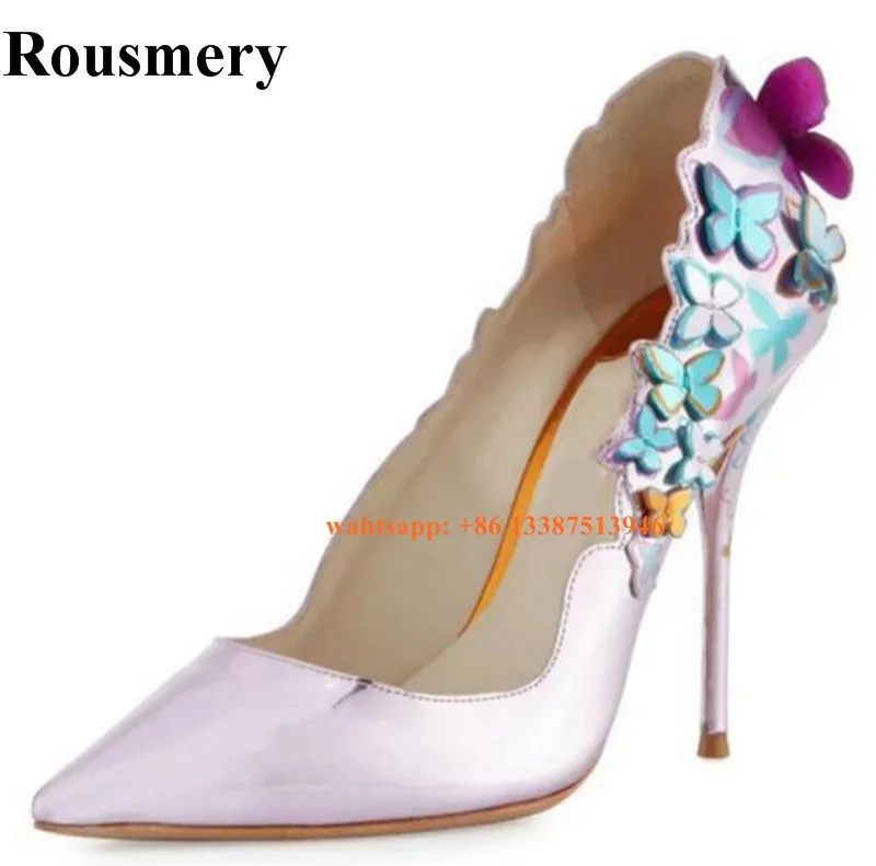 

High Quality Women Fashion Pointed Toe Pink Leather Flower Design Pumps Stiletto Heel Butterfly Mosaic High Heels Wedding Shoes