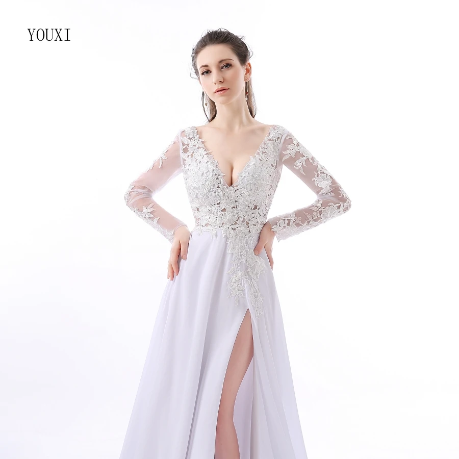 Сексуальное шифоновое вечернее платье с аппликацией и длинными рукавами белые
