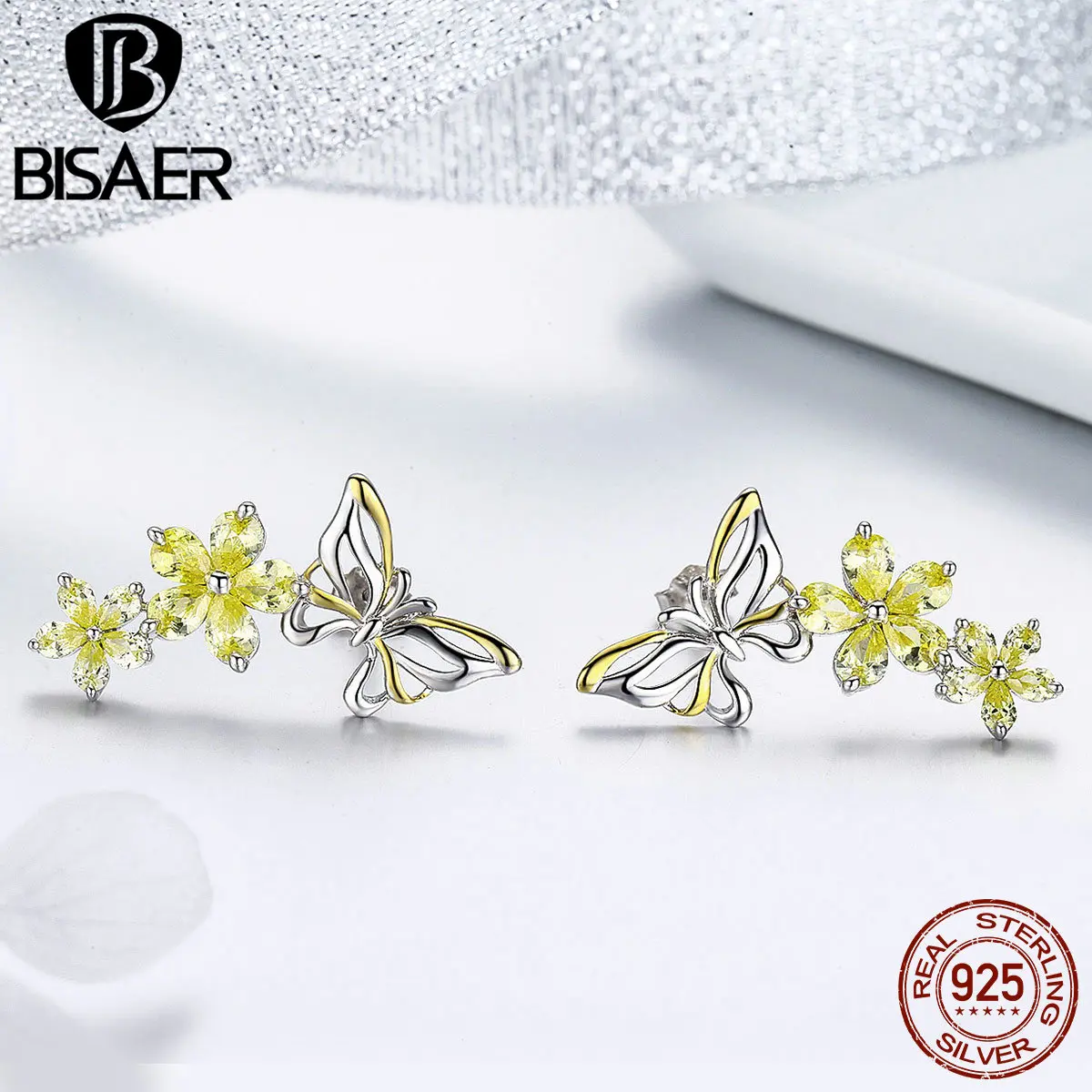 BISAER, 925 пробы, серебряное кольцо с бабочкой и цветком и серьги для женщин, ювелирные наборы, массивные ювелирные изделия, подарки GUS108